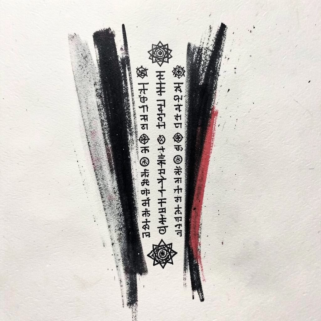 A bold charcoal drawing of a Sak Yant leg tattoo with vertical columns of sacred text and small yantra emblems, rendered in crisp black ink on a pale textured ground.